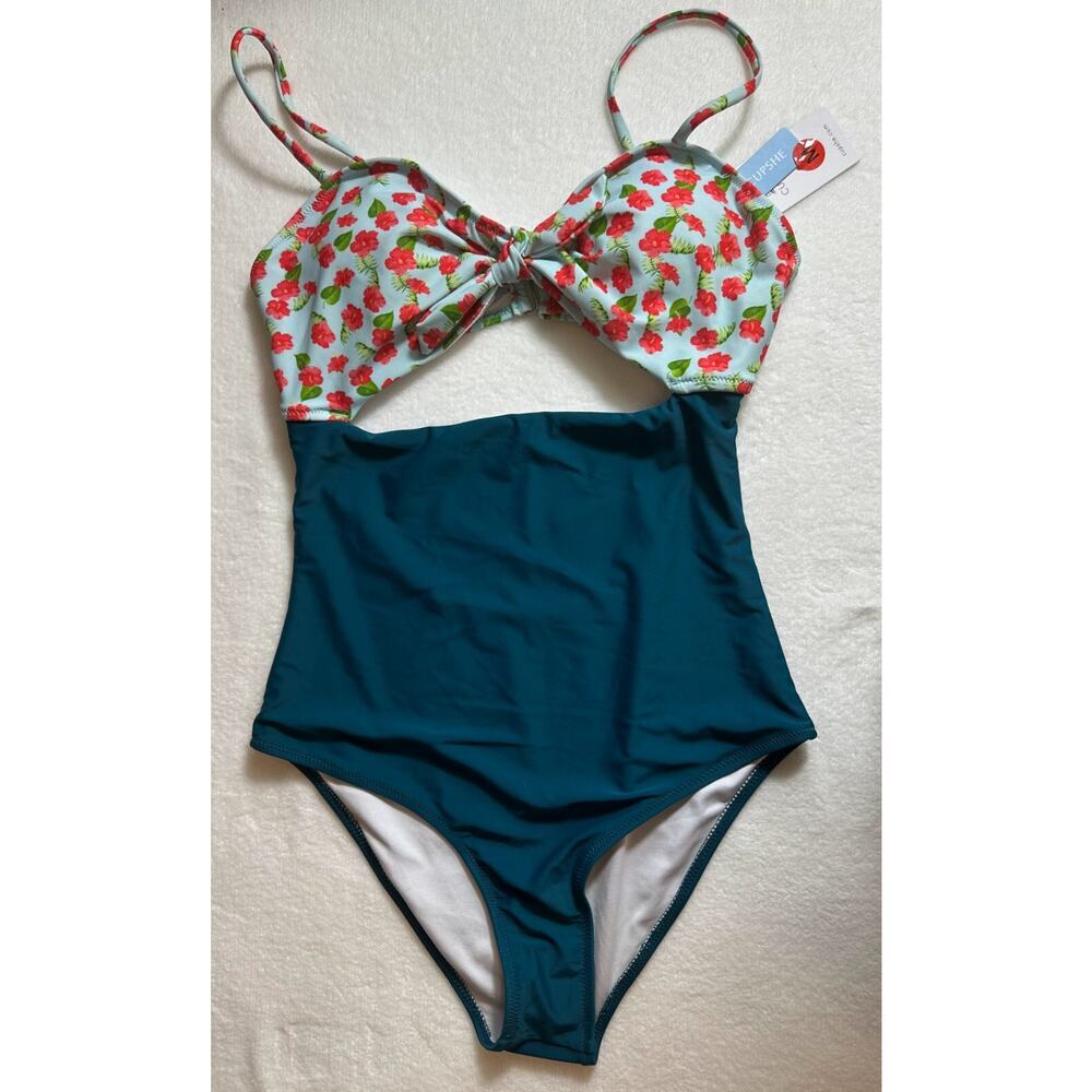 CUPSHE One Piece Swimsuit Womens Medium Teal Floral Cutout Monokini Beachwear